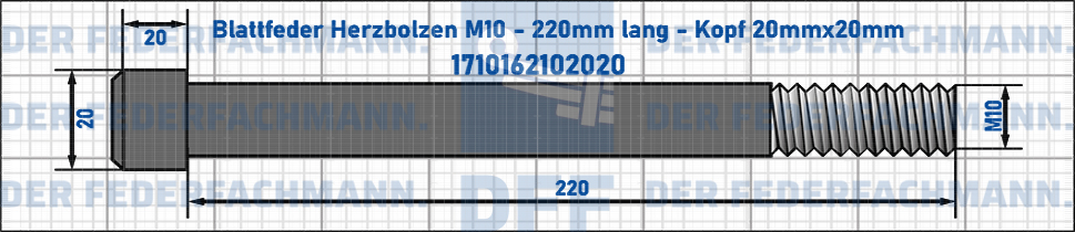 Blattfeder Herzbolzen M10 220mm lang - Kopf 20mmx20mm