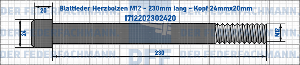 Blattfeder Herzbolzen M12 230mm lang - Kopf 24mmx20mm