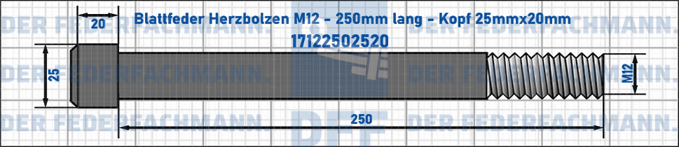 Blattfeder Herzbolzen M12 250mm lang - Kopf 25mmx20mm