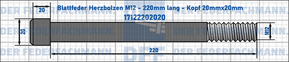 Blattfeder Herzbolzen M12 220mm lang - Kopf 20mmx20mm