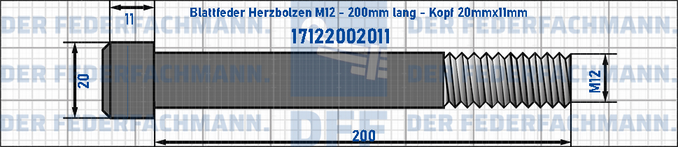 Blattfeder Herzbolzen M12 200mm lang - Kopf 20mmx11mm