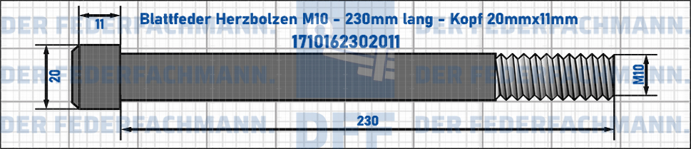 Blattfeder Herzbolzen M10 230mm lang - Kopf 20mmx11mm